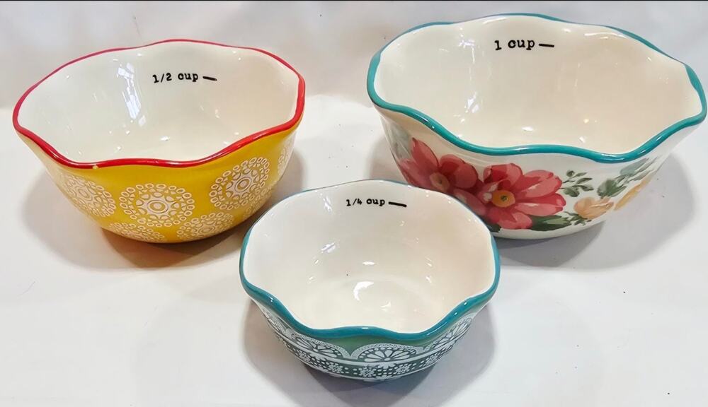 Pioneer Woman Nesting Ceramic Measuring Cup Bowls Set of 3 Rose Floral 1/4, 1/2,